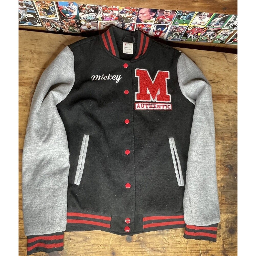 Disney Mickey Mouse Bomber Jacket M Authentic Varsity Size Small Black Gray Red